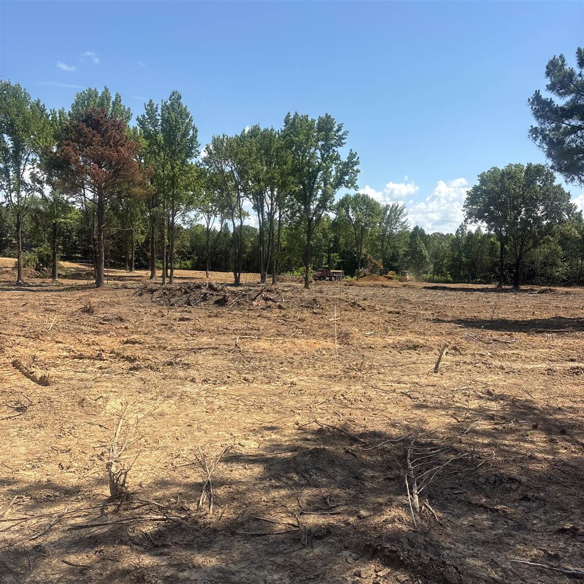 Cleared field with hauling equipment working
